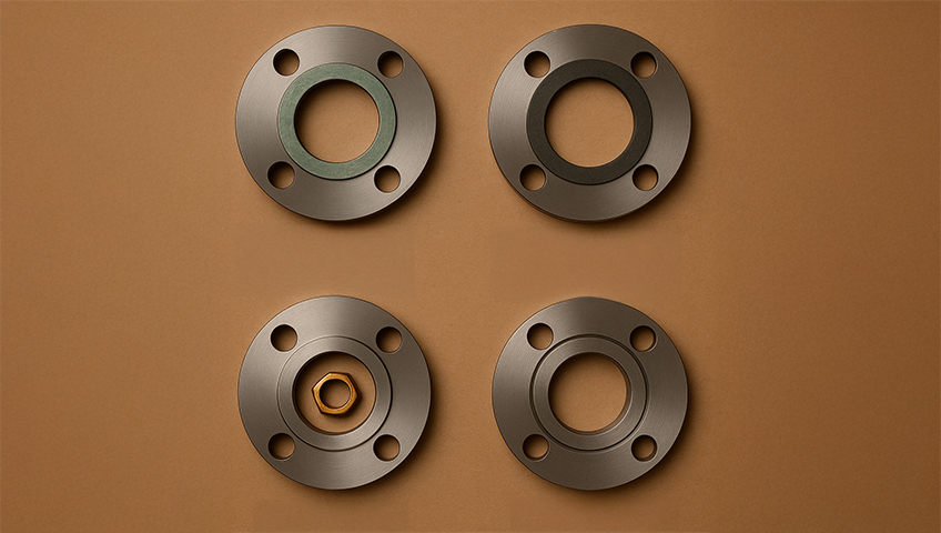 Diferentes tipos de flanges RF, FF e RTJ com suas juntas correspondentes