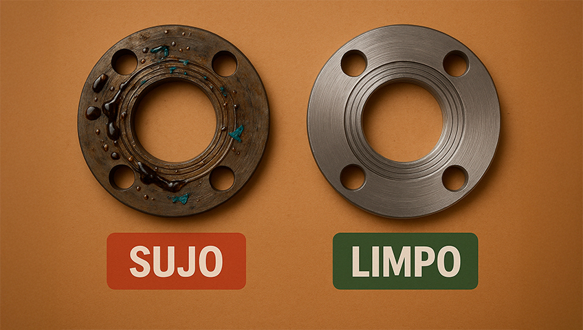 Comparação entre flange sujo e limpo mostrando ranhuras contaminadas