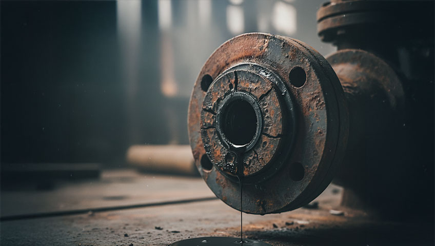 Flange industrial desgastado com corrosão e ranhuras irregulares