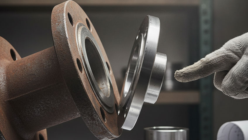 Flanges incompatíveis mostrando diferentes padrões ANSI e DIN